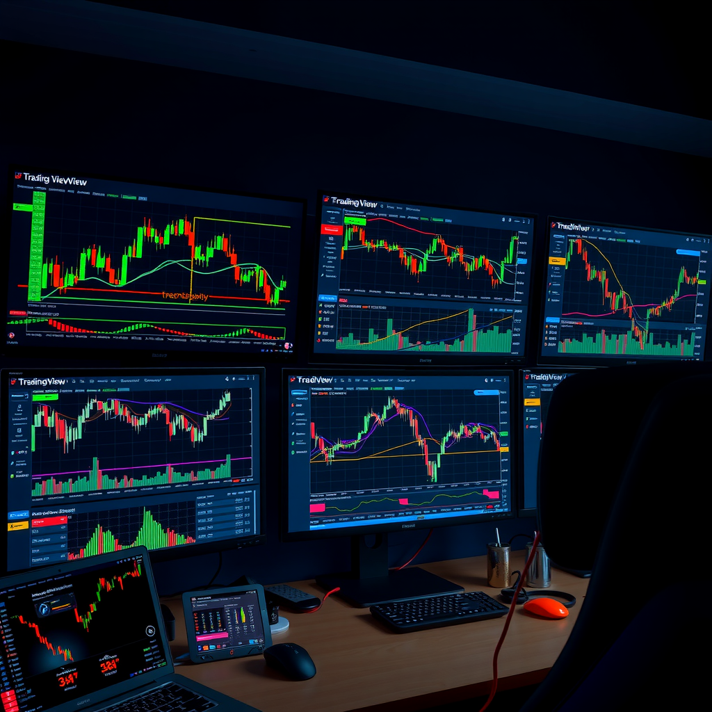 Professional trading workspace showing multiple monitors with TradingView charts displaying various technical indicators, candlestick patterns, and market analysis tools in a modern dark-themed trading environment