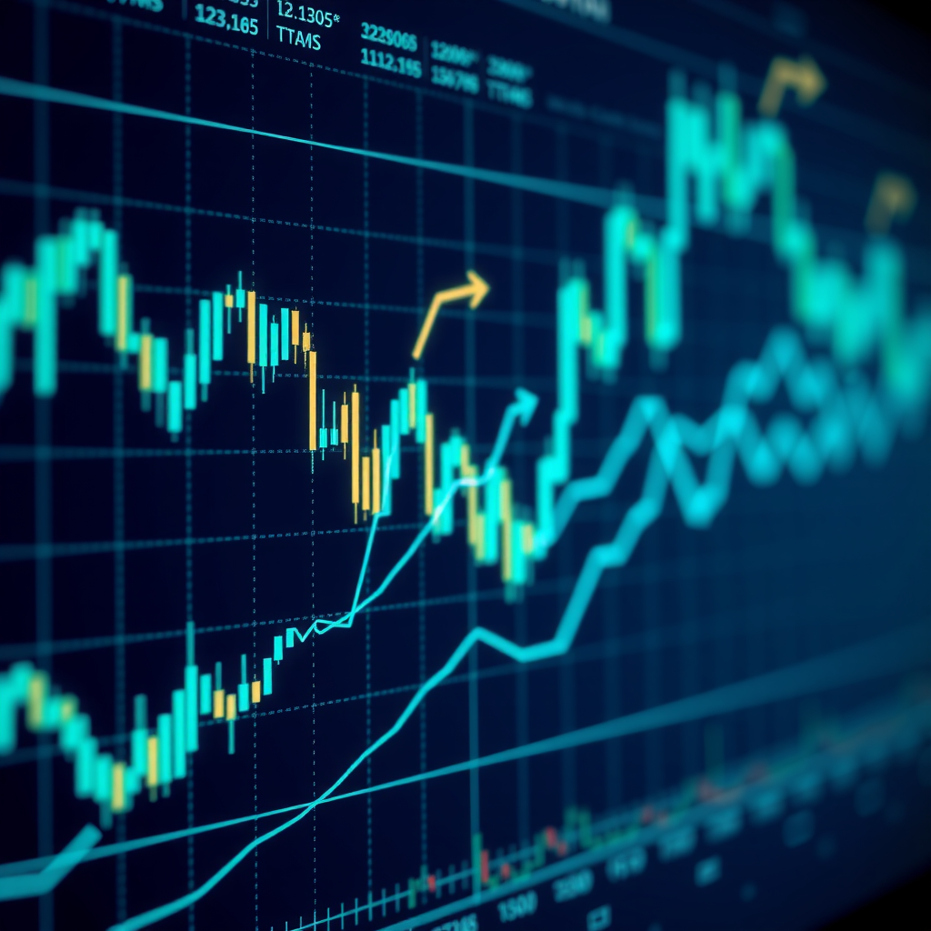 Abstract trading chart background with glowing teal lines and data visualization elements