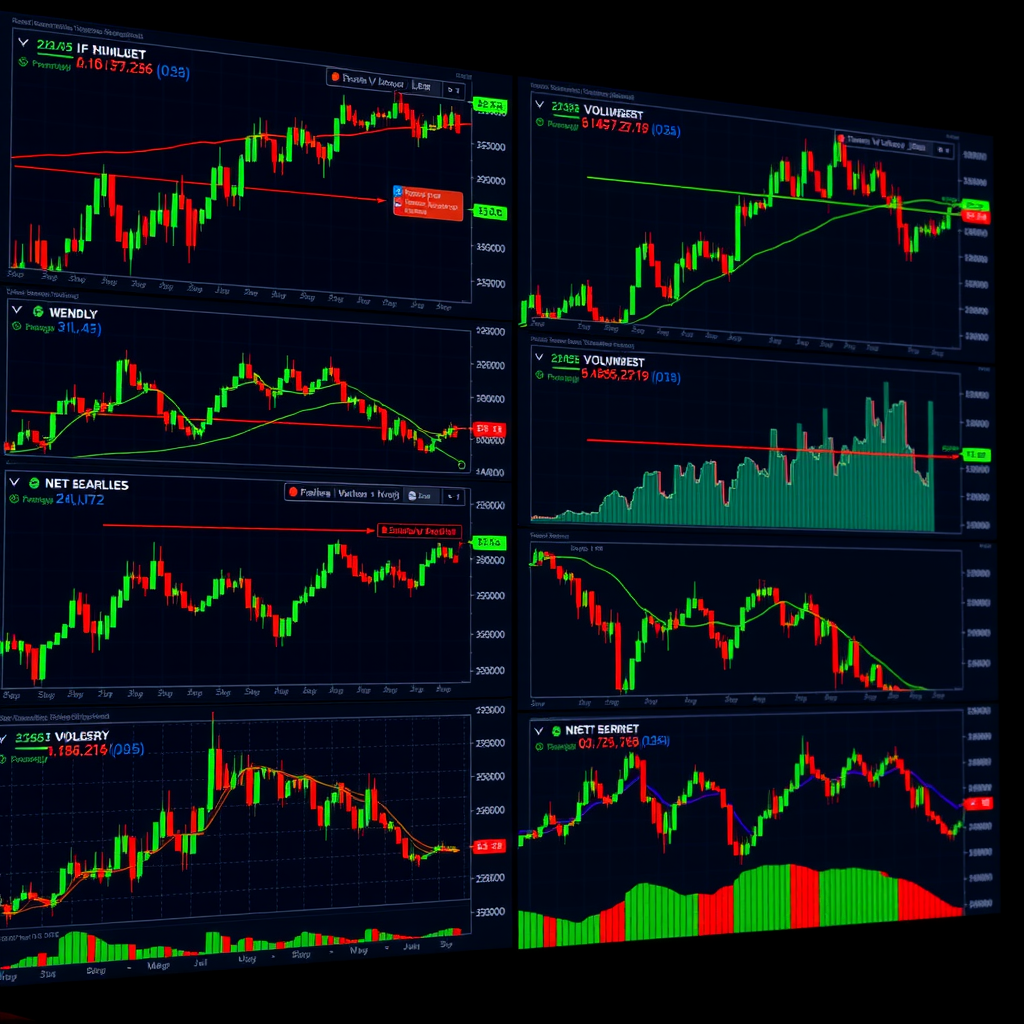 TradingView workspace showing multiple chart panels with different timeframes - 1-hour, 4-hour, daily, and weekly charts synchronized and arranged in a grid layout with candlestick patterns and volume indicators visible on dark theme interface