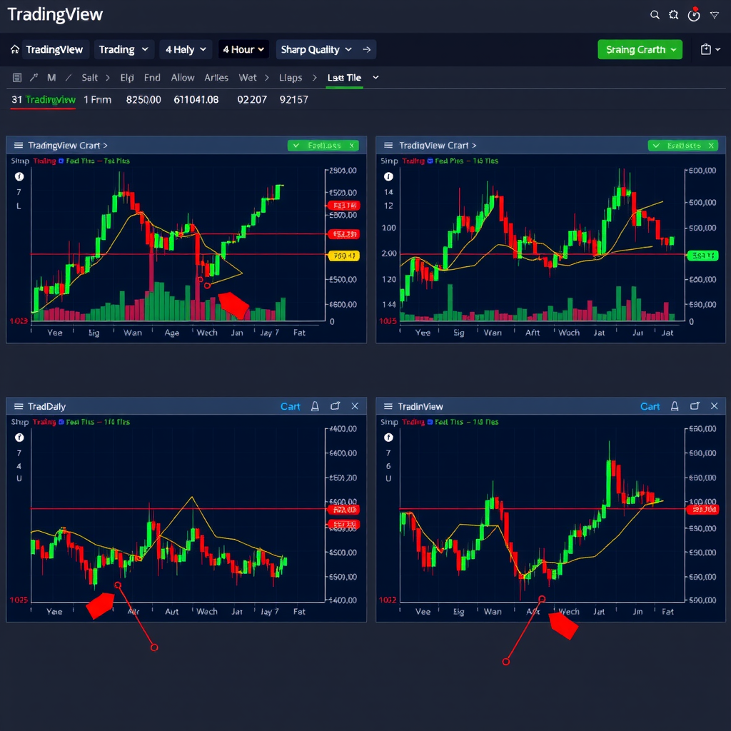 TradingView platform showing multiple chart layout with four synchronized charts displaying different timeframes - daily, 4-hour, 1-hour, and 15-minute charts of the same trading instrument with matching indicators and synchronized crosshair movements
