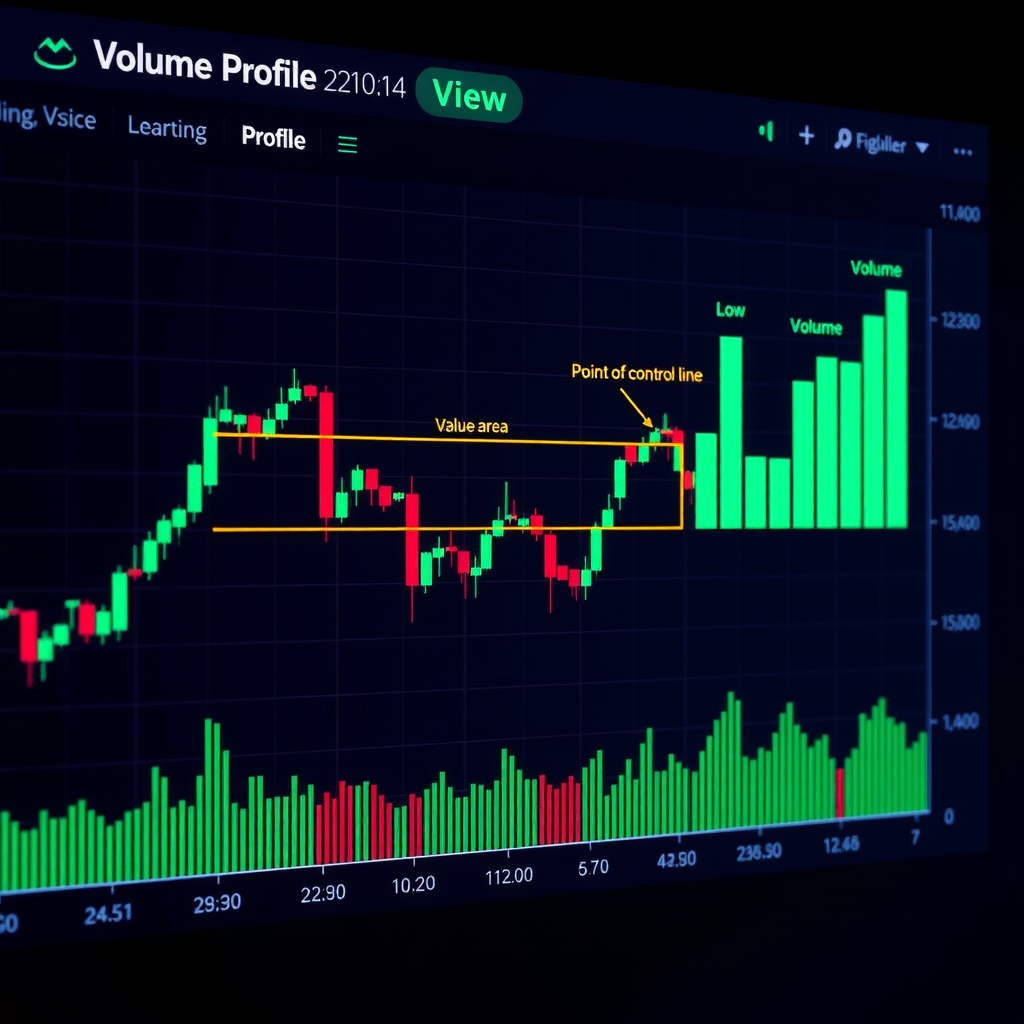 TradingView chart displaying Volume Profile indicator with visible price levels, volume histogram bars on the right side showing high and low volume nodes, point of control line, and value area highlighting the most traded price zones