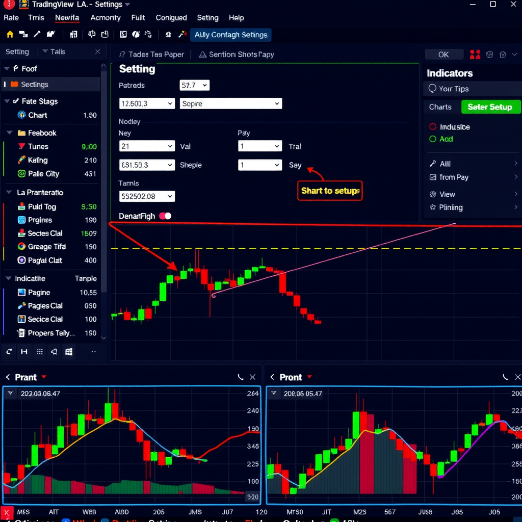 Detailed TradingView chart interface showing the process of configuring technical indicators, with settings panels, indicator parameters, and multiple chart examples demonstrating proper setup procedures