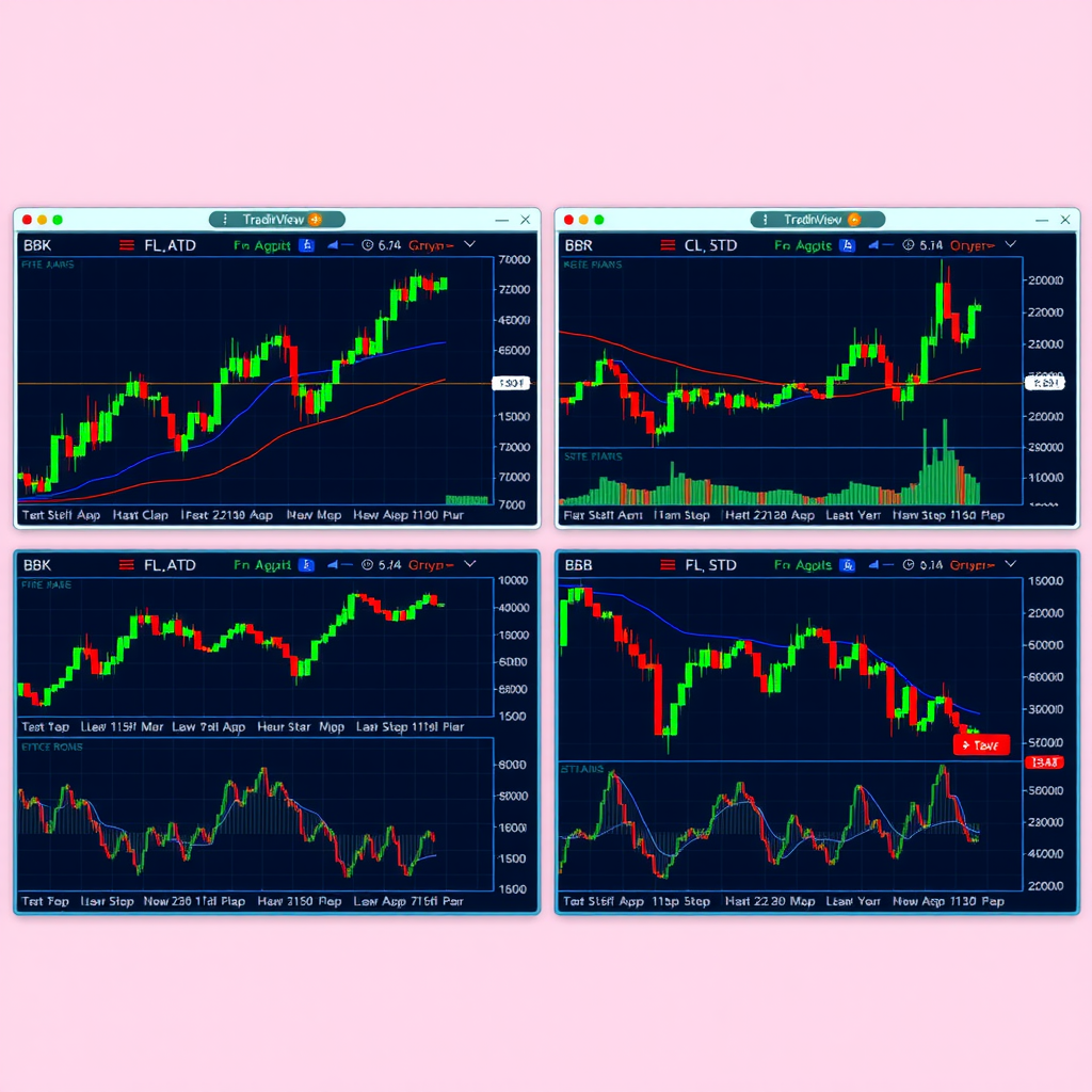 TradingView platform interface showing multiple chart windows arranged in a grid layout with different timeframes - 1-minute, 5-minute, 15-minute, and 1-hour charts displayed simultaneously with synchronized price movements and technical indicators