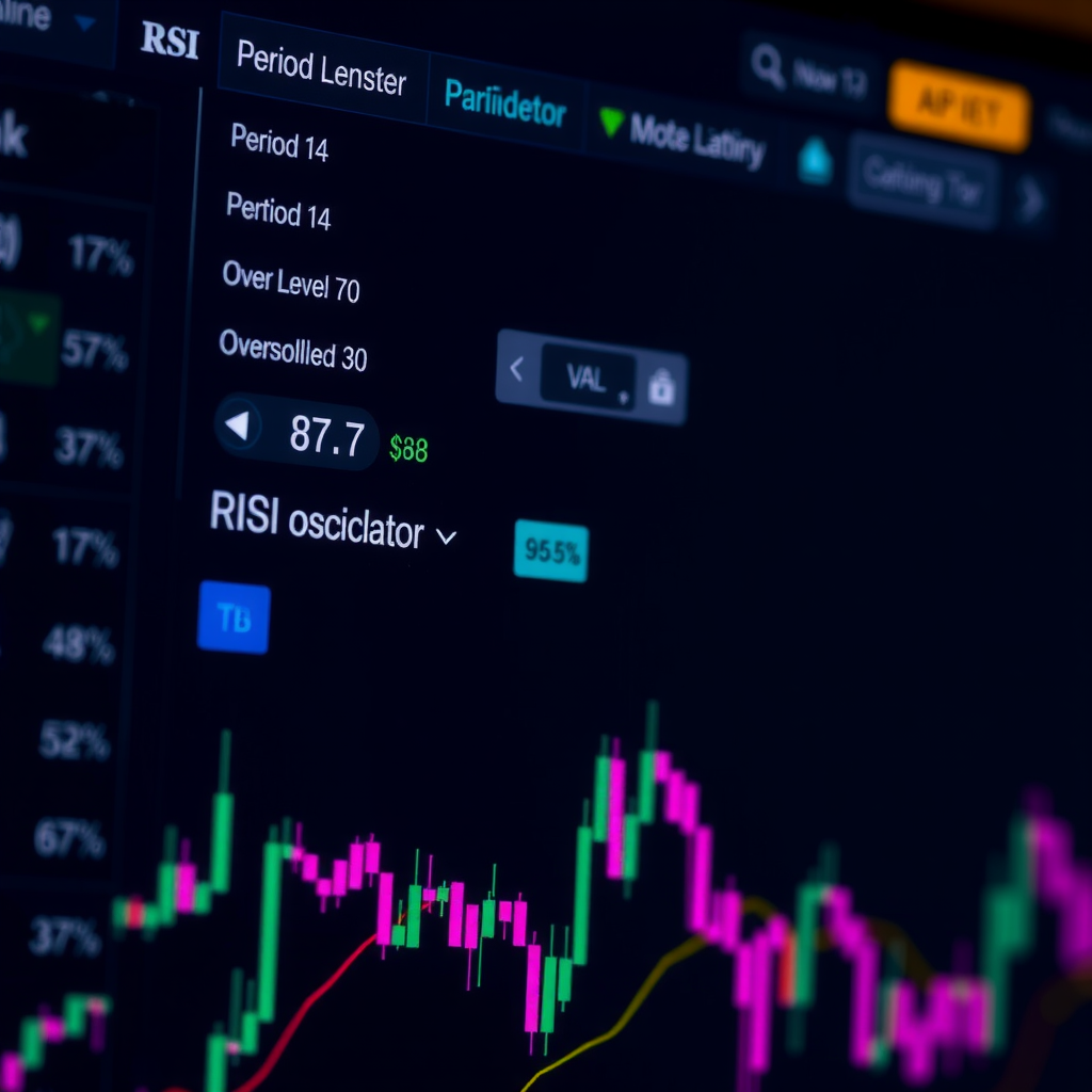 Close-up view of RSI indicator settings panel on TradingView showing parameter configuration options including period length set to 14, overbought level at 70, oversold level at 30, with the RSI oscillator displayed below a price chart showing purple line oscillating between levels