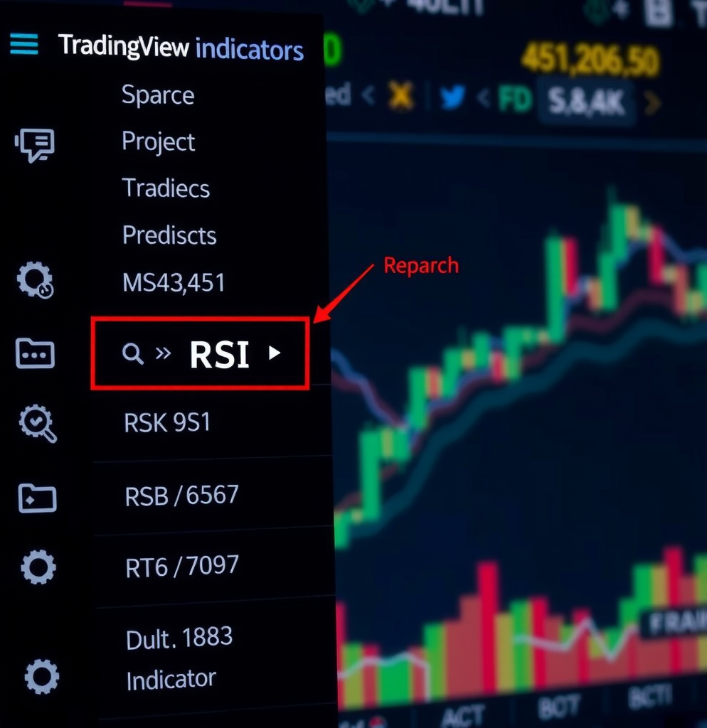 TradingView indicators menu showing the search interface with RSI highlighted, demonstrating how to locate and add the Relative Strength Index indicator to a chart