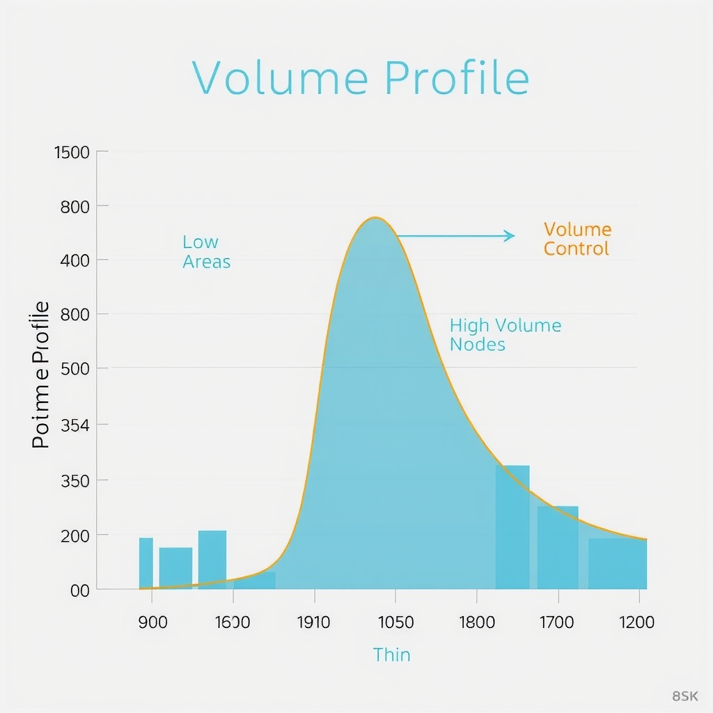 Detailed diagram showing Volume Profile components including Point of Control marked as a horizontal line at the highest volume bar, Value Area highlighted in a different color covering 70% of volume distribution, High Volume Nodes shown as thick histogram bars, and Low Volume Nodes displayed as thin bars