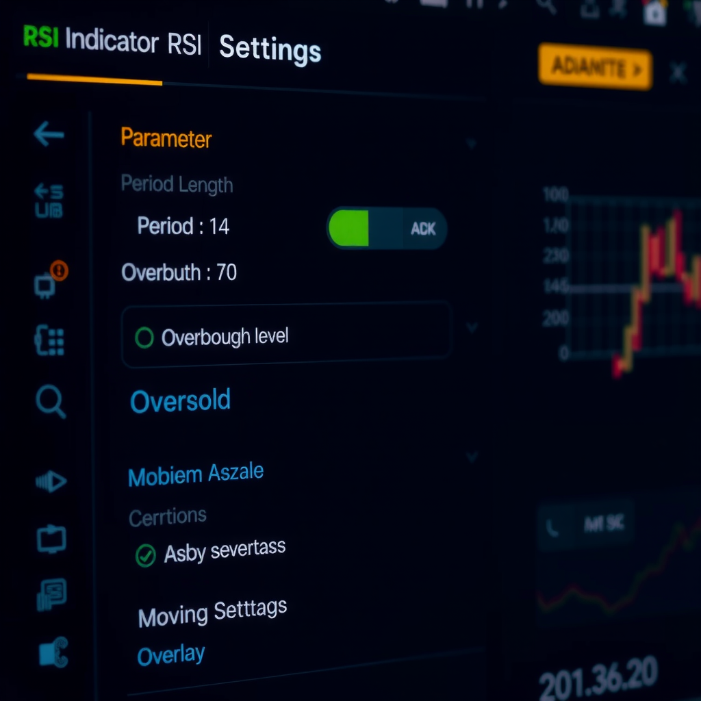 Detailed view of RSI indicator settings panel on TradingView showing parameter adjustment options including period length set to 14, overbought level at 70, oversold level at 30, with color customization options and moving average overlay settings displayed