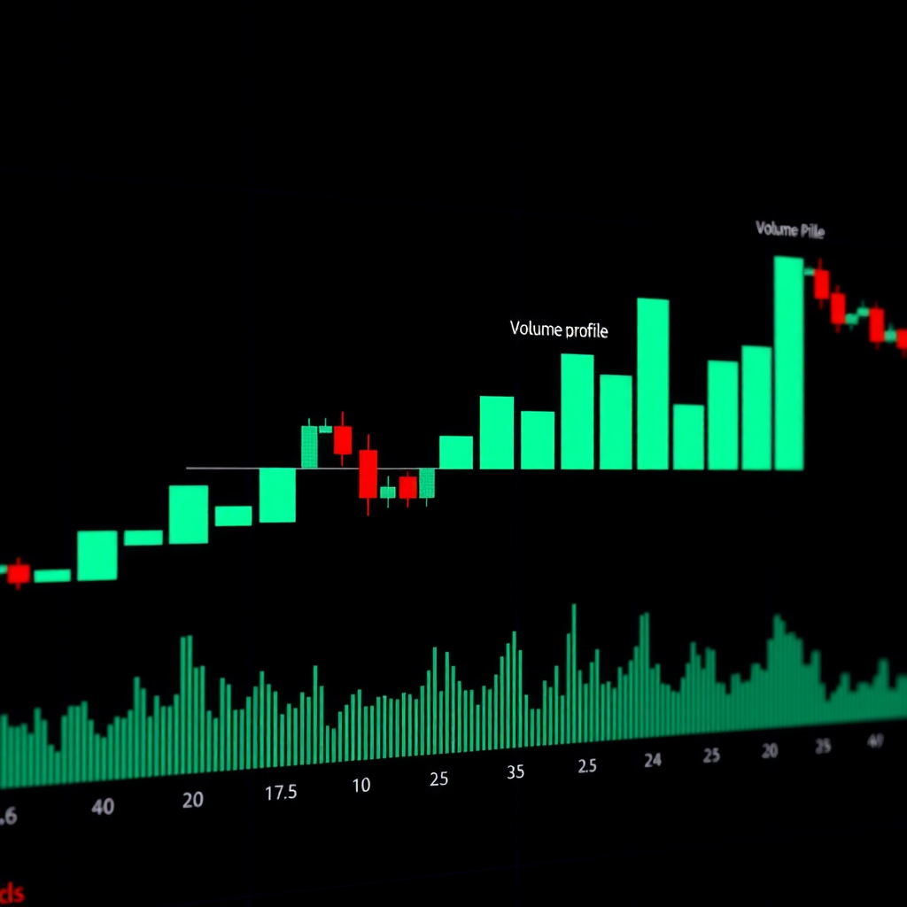 Trading chart displaying Volume Profile indicator with horizontal histogram bars showing volume distribution at different price levels, highlighting high volume nodes and value areas in teal and green colors against a dark background with price action candlesticks