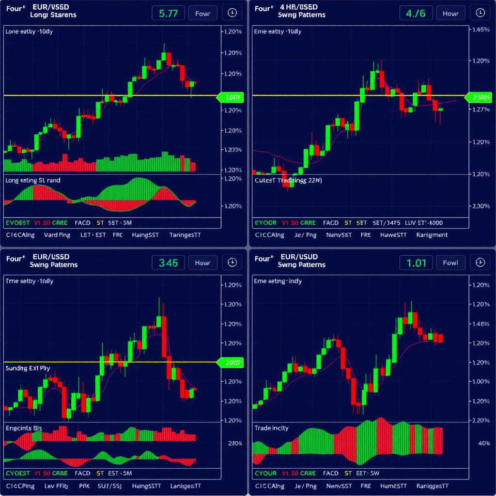 Four TradingView charts arranged in a 2x2 grid showing the same EUR/USD pair on different timeframes: top-left shows daily chart with long-term trend, top-right displays 4-hour chart with swing patterns, bottom-left shows 1-hour chart with trade setup, and bottom-right displays 15-minute chart for precise entry timing