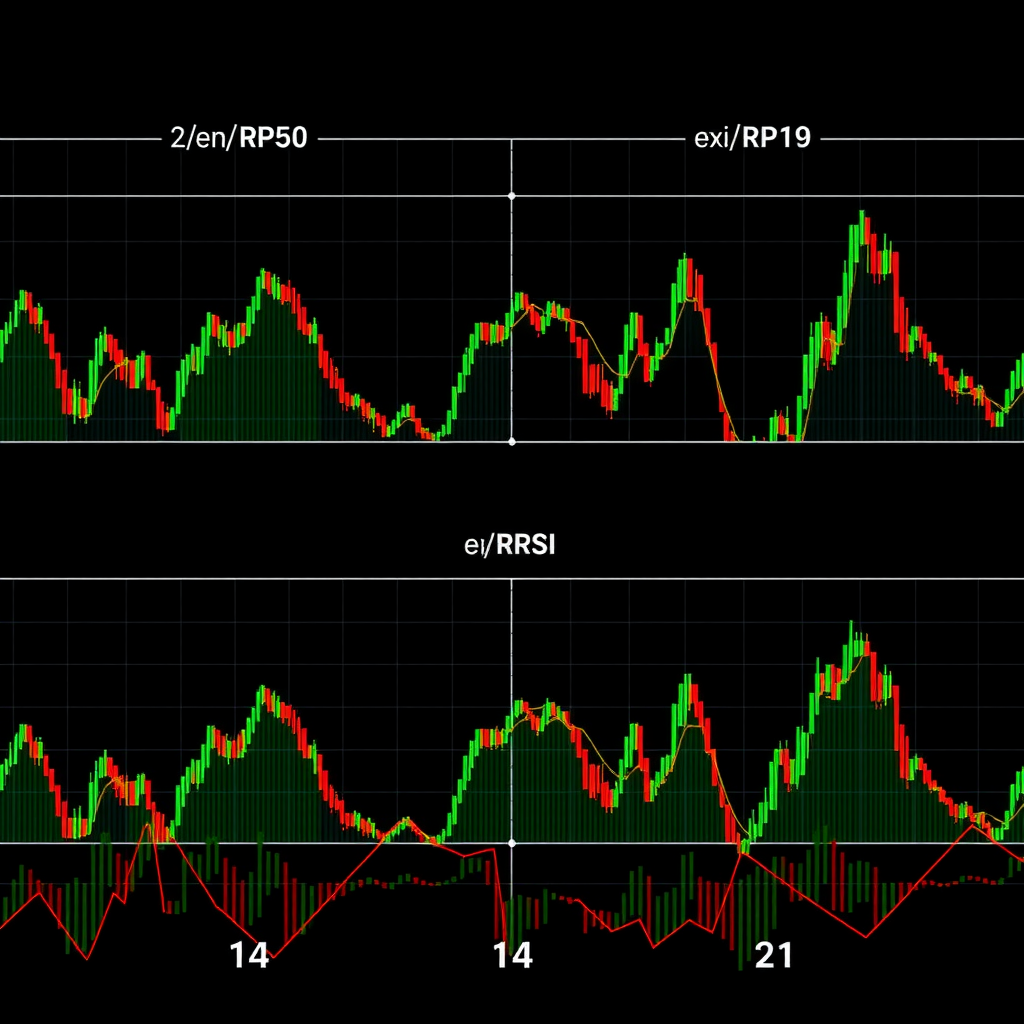 Side-by-side comparison of RSI indicators with different period settings (9, 14, and 21) on the same price chart, showing how sensitivity changes with different period lengths