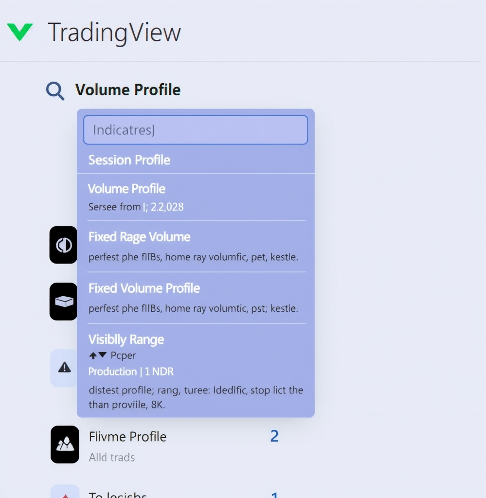 TradingView indicators search interface showing the search box with 'Volume Profile' typed in, displaying a dropdown list of available Volume Profile indicators including Session Volume, Fixed Range Volume Profile, and Visible Range options with their descriptions