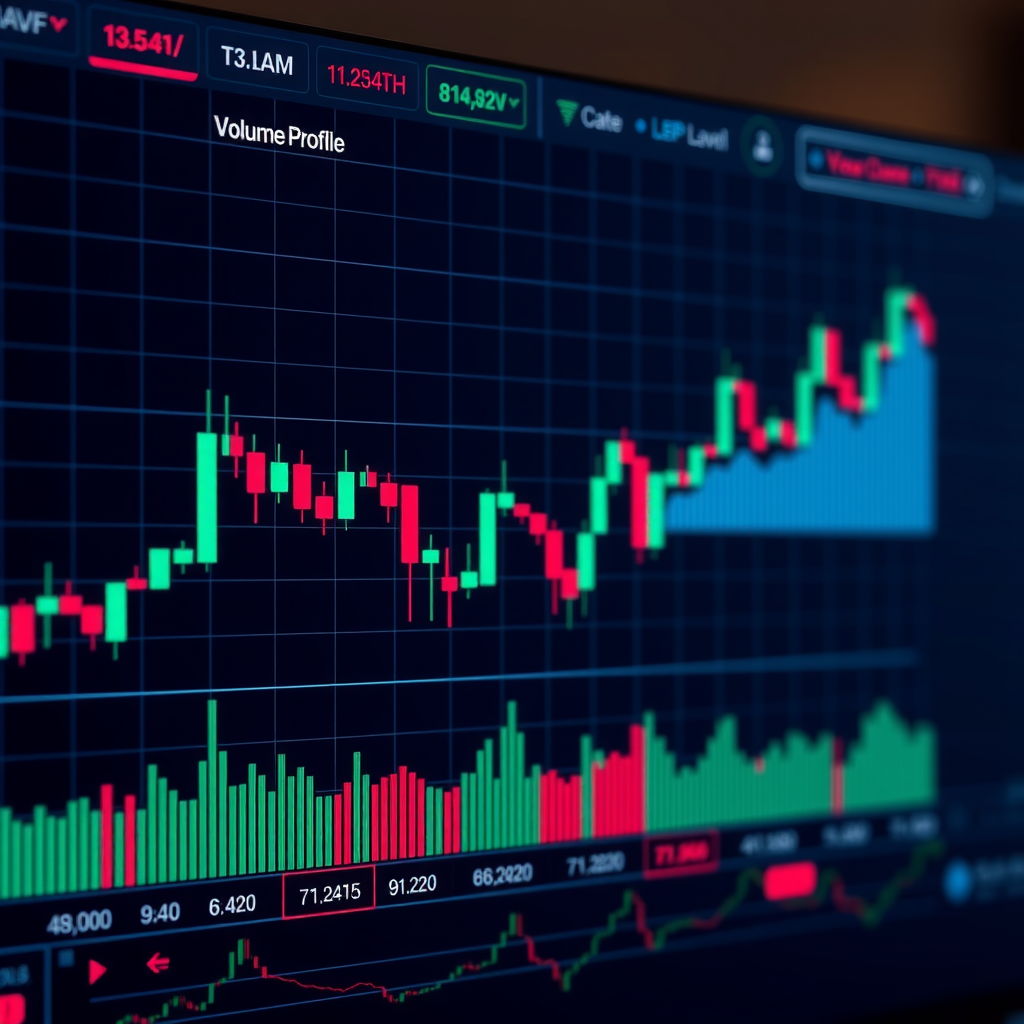 Trading chart displaying Volume Profile indicator with horizontal histogram bars showing volume distribution at different price levels, highlighting high volume nodes and value areas with color-coded zones indicating support and resistance levels based on trading activity