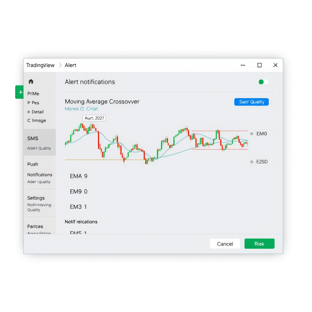 TradingView alert creation dialog box showing moving average crossover condition setup with two exponential moving averages (EMA 9 and EMA 21) crossing on a chart, notification settings panel visible with options for email, SMS, and push notifications
