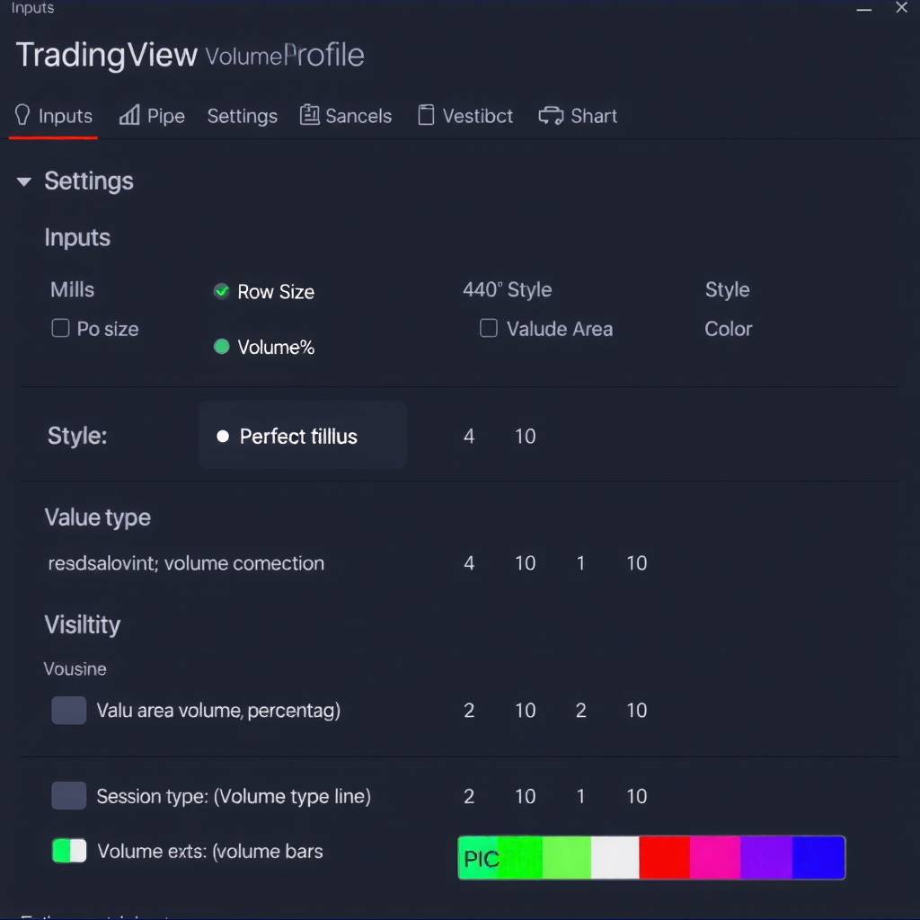 TradingView Volume Profile settings panel showing multiple tabs including Inputs, Style, and Visibility, with various configuration options like Row Size, Value Area Volume percentage, session type selection, and color customization options for POC line, Value Area, and volume bars