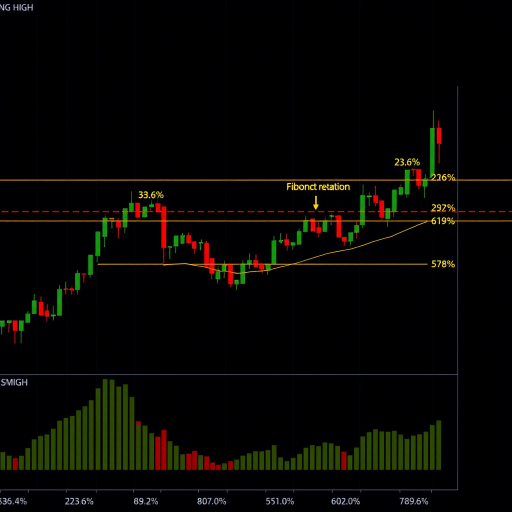 Trading chart template featuring multiple Fibonacci retracement levels drawn from swing high to swing low showing golden ratio levels at 23.6%, 38.2%, 50%, 61.8%, and 78.6% with Fibonacci extension tool also visible, all displayed on a professional dark-themed chart interface