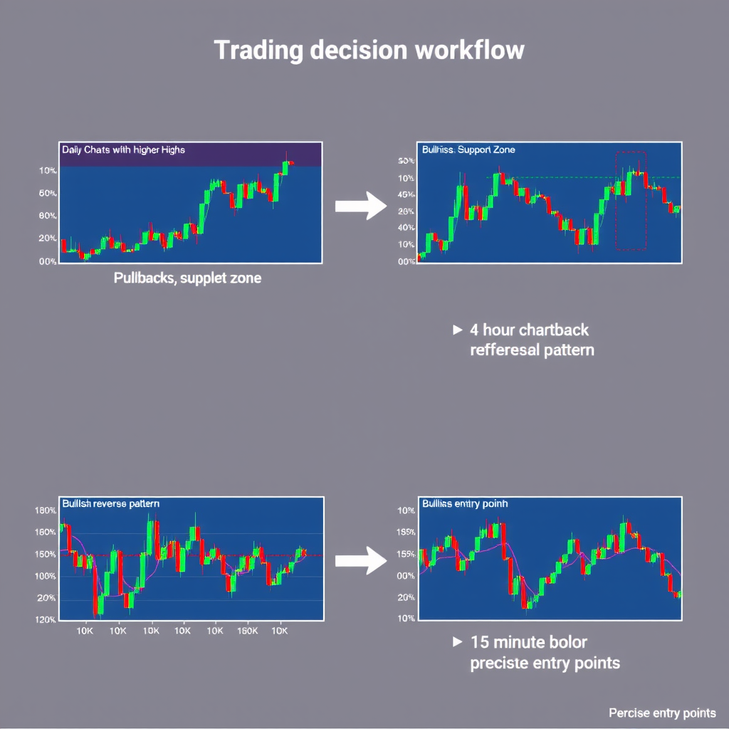 Diagram showing trading decision workflow across multiple timeframes: daily chart showing uptrend with higher highs and higher lows, 4-hour chart displaying a pullback to support zone, 1-hour chart showing bullish reversal pattern, and 15-minute chart indicating precise entry point with stop-loss and take-profit levels marked