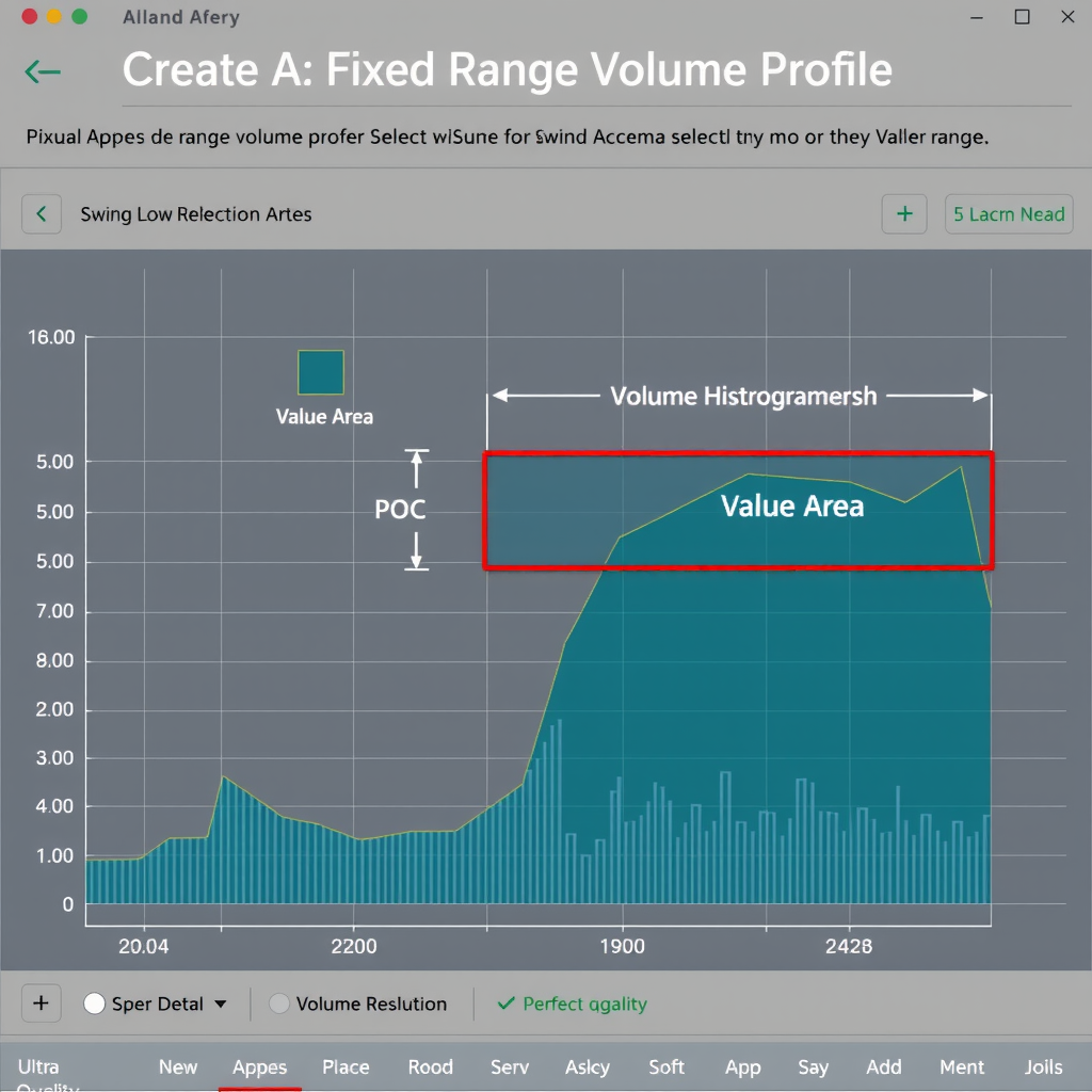 TradingView chart showing the process of creating a Fixed Range Volume Profile with a highlighted rectangular selection area spanning from a swing low to swing high, displaying the resulting volume histogram with POC and Value Area clearly marked within the selected range