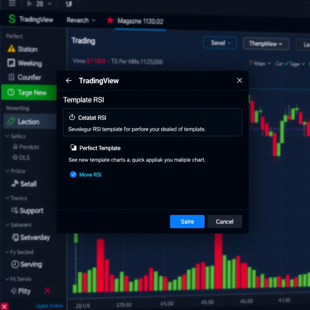 TradingView interface showing the template saving dialog with custom RSI configuration being saved as a reusable template for quick application across multiple charts