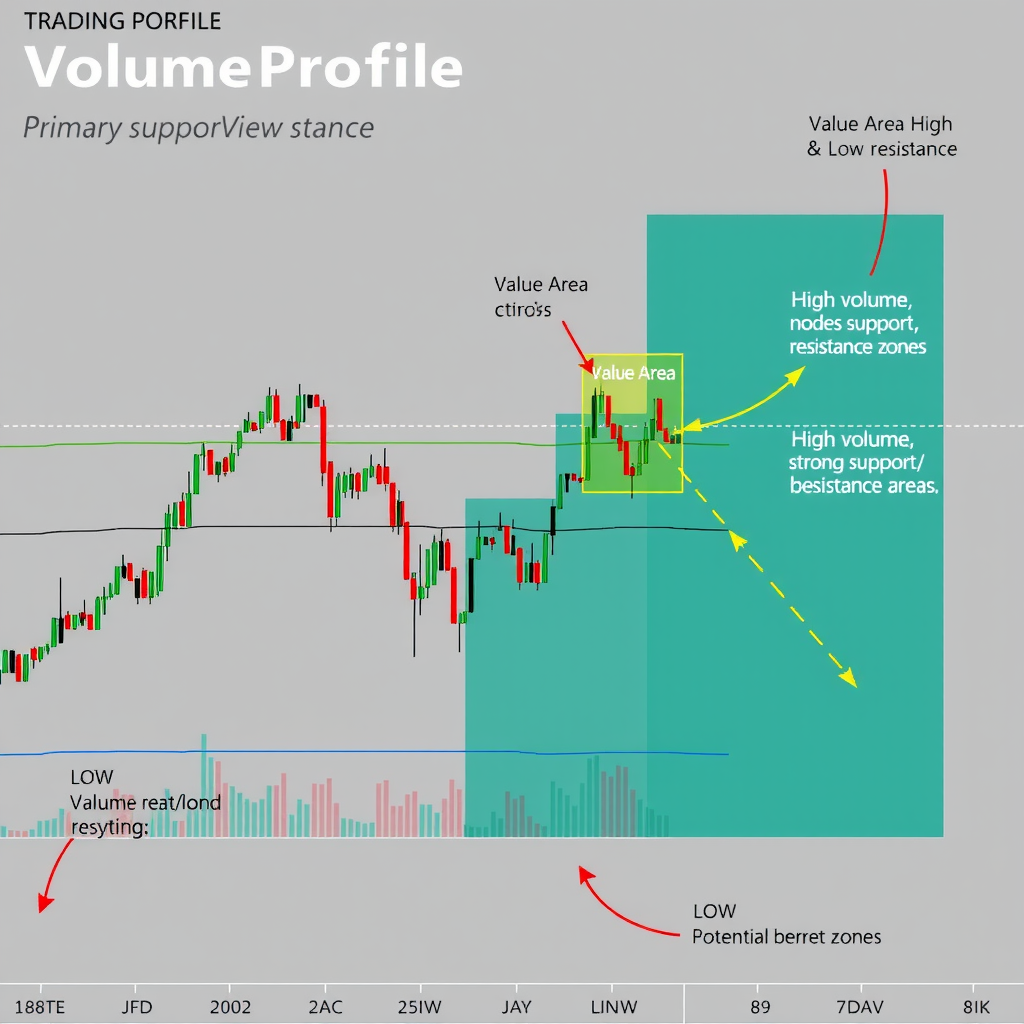Annotated TradingView chart showing Volume Profile with labeled trading zones including POC line marked as primary support/resistance, Value Area High and Low boundaries highlighted, high volume nodes marked as strong support/resistance areas, and low volume nodes indicated as potential breakout zones with directional arrows