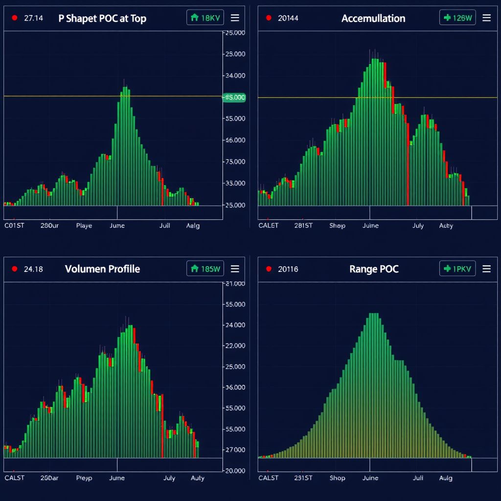 Four side-by-side TradingView charts showing different Volume Profile patterns: P-shaped profile with POC at top indicating distribution, b-shaped profile with POC at bottom showing accumulation, D-shaped profile demonstrating trending movement, and balanced profile with centered POC showing range-bound conditions
