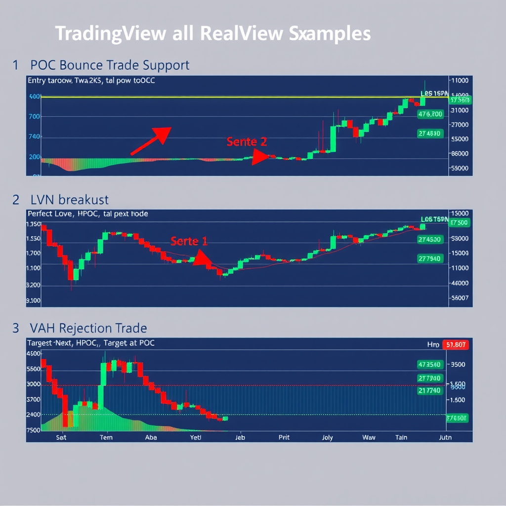 Three TradingView chart panels showing real trading examples: first panel displays POC bounce trade with entry arrow at POC support and target at resistance, second panel shows LVN breakout with entry above low volume node and target at next HVN, third panel illustrates VAH rejection trade with short entry and target at POC